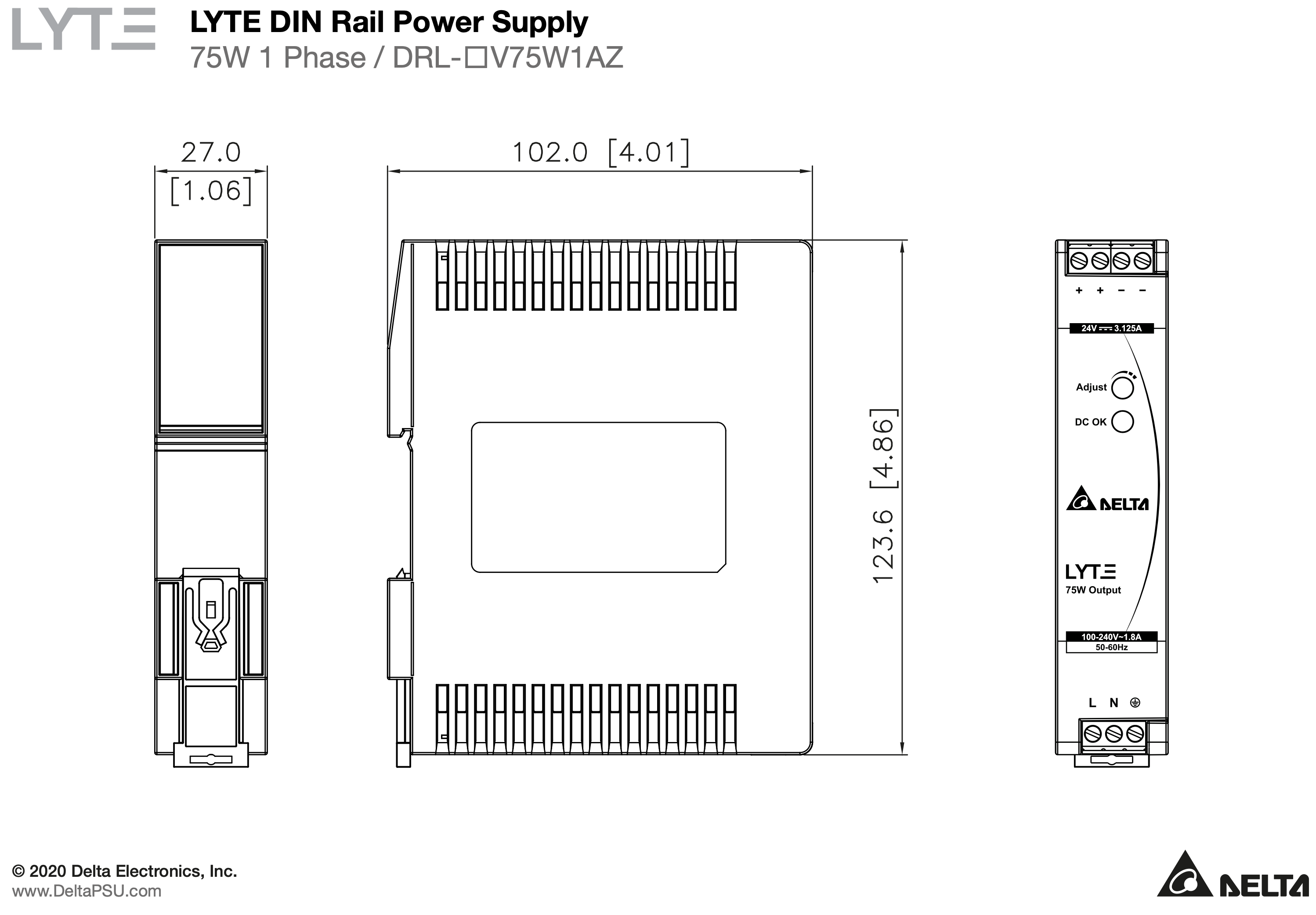 DELTA DRL-48V75W1AZ  Zdroj na DIN 48V 75W 1.57A