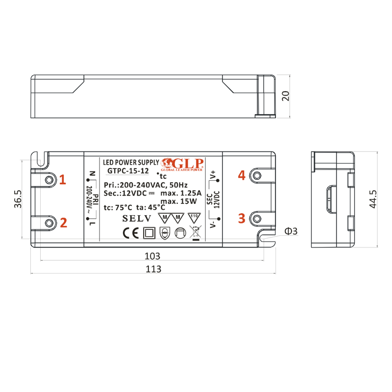 GTPC-15-12 Zdroj konstantního napětí 12V 1.25A 15W