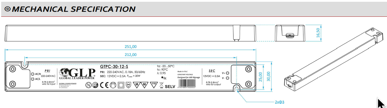 GTPC-30-12-S Napěťový zdroj SLIM 12V 2.5A 30W