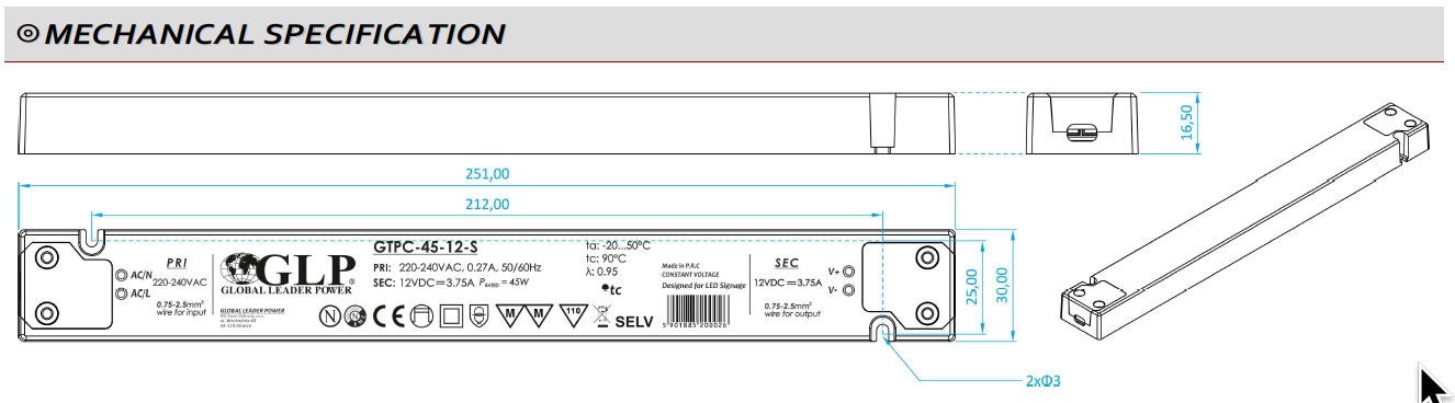 GTPC-45-12-S Napěťový zdroj SLIM 12V 3.75A 45W