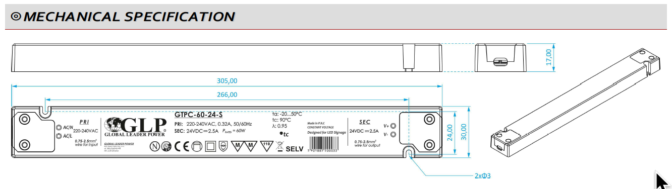 GTPC-60-24-S Napěťový zdroj SLIM 24V 2.5A 60W