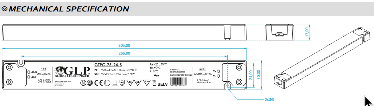 GTPC-75-24-S Napěťový zdroj SLIM 24V 3.125A 75W