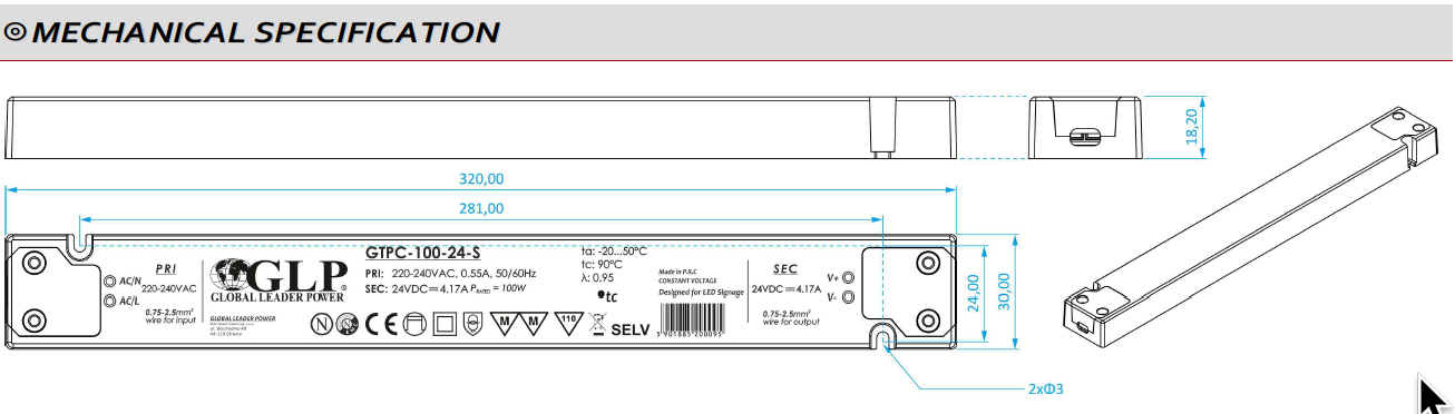 GTPC-100-12-S Napěťový zdroj SLIM 12V 8.34A 100W