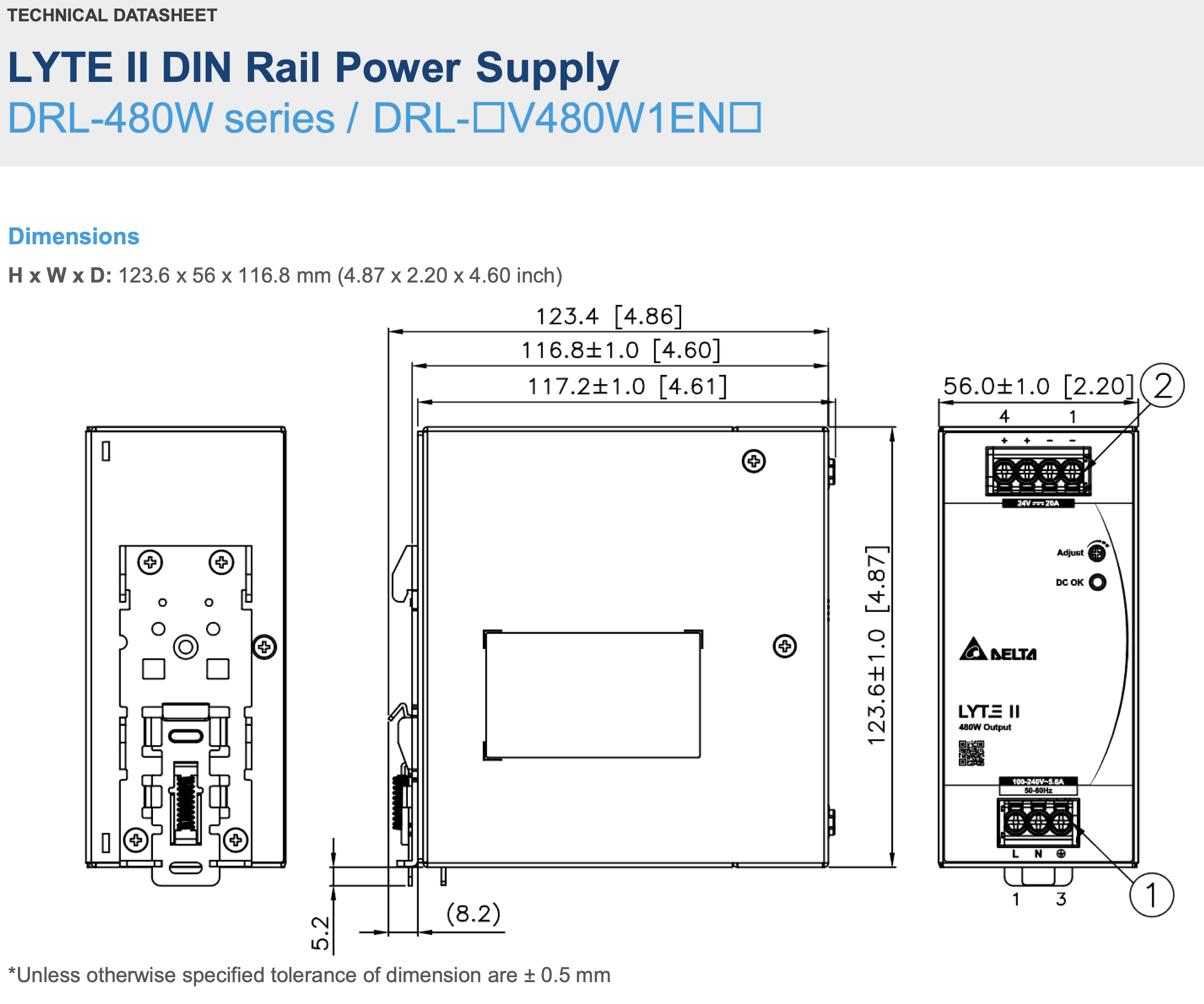 DELTA DRL-48V480W1EN Zdroj na DIN 48V 480W 10A
